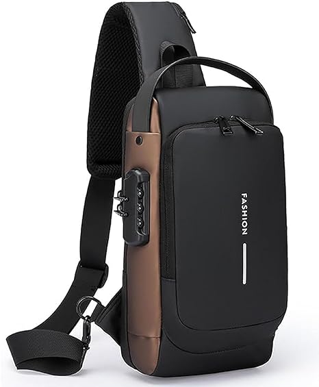 Anti-Theft Sling Backpack with USB Charging Port, Men's Crossbody Shoulder Bag, PU Leather, Single Shoulder Bag, Sling Bag, Waterproof, Anti-Theft, Dial Lock, Security, Bag