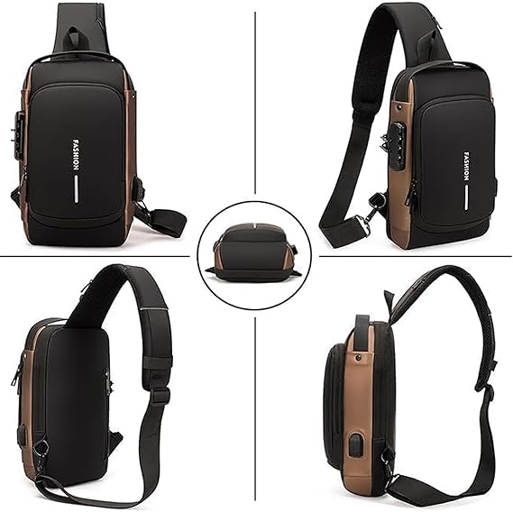 Anti-Theft Sling Backpack with USB Charging Port, Men's Crossbody Shoulder Bag, PU Leather, Single Shoulder Bag, Sling Bag, Waterproof, Anti-Theft, Dial Lock, Security, Bag