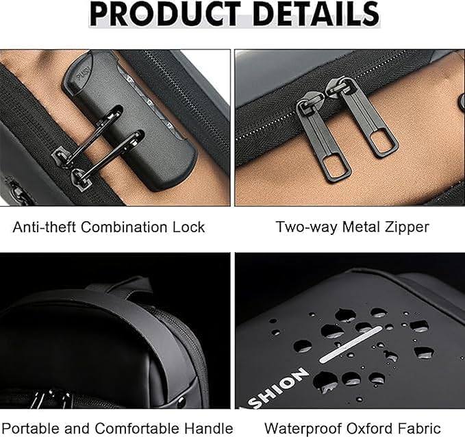 Anti-Theft Sling Backpack with USB Charging Port, Men's Crossbody Shoulder Bag, PU Leather, Single Shoulder Bag, Sling Bag, Waterproof, Anti-Theft, Dial Lock, Security, Bag