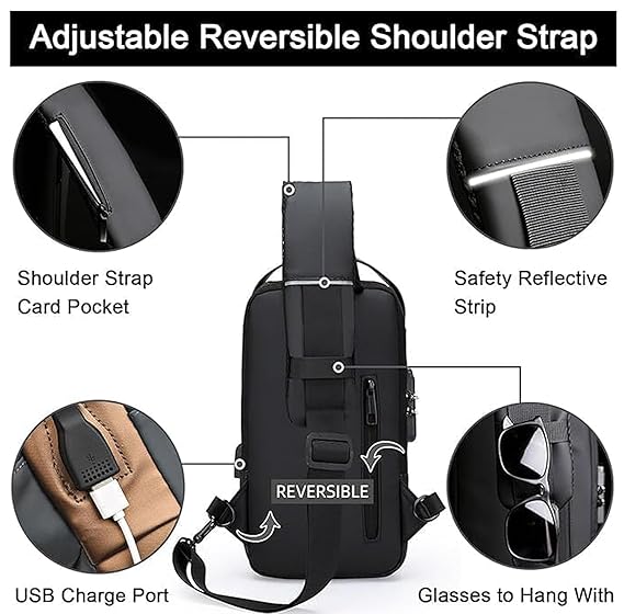 Anti-Theft Sling Backpack with USB Charging Port, Men's Crossbody Shoulder Bag, PU Leather, Single Shoulder Bag, Sling Bag, Waterproof, Anti-Theft, Dial Lock, Security, Bag