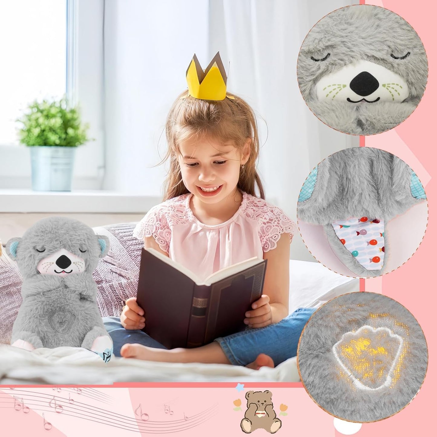 Breathing Teddy Otter Glowing Music for Baby Sensory Sleep Lights Rhythmic Simulation Plush for Babies Kids Soothing Sound and Décor Item